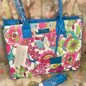 Trina Tuck Satchel/Tote Floral Pink & Blue White Background NWT Retail $195